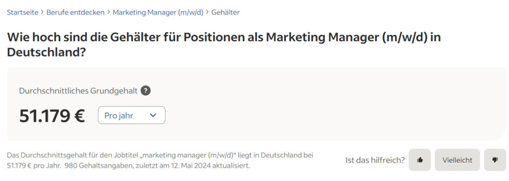 Durchschnittliches Jahresgehalt eines Marketing-Managers in Deutschland laut Indeed
